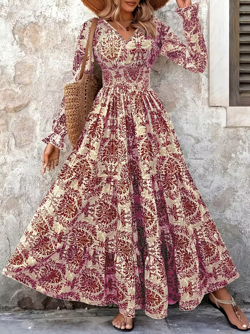 Damen Boho‑Maxikleid mit Smok‑Taillenpartie, V‑Ausschnitt und Stufenrock Echo Archiv