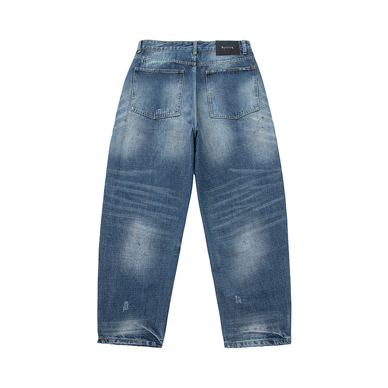 Damen locker geschnittene hochtaillierte Jeans im Used-Look mit ausgefransten Details und Ziernähten Echoarchiv