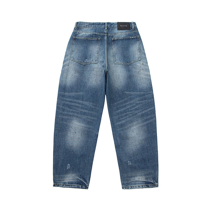 Damen locker geschnittene hochtaillierte Jeans im Used-Look mit ausgefransten Details und Ziernähten Echoarchiv