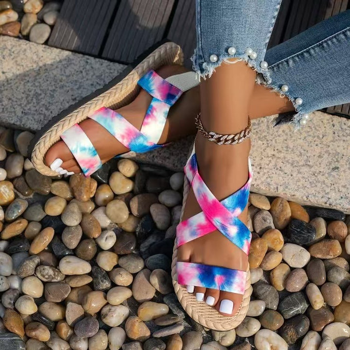 Damen nan flache Espadrille-Riemchensandalen mit geflochtenem Bastrand, elastischem Fersenband und gekreuzten Ethno-Riemen Echo Archiv