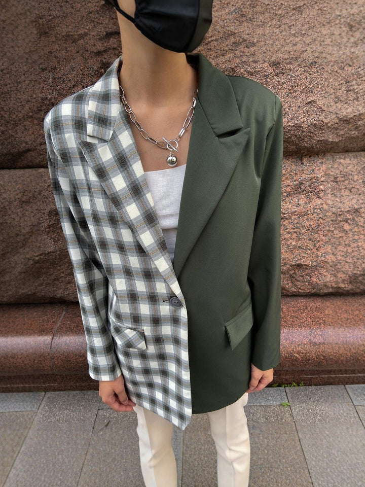 Damen Zweifarbiger Oversize-Blazer mit Karomuster und Reverskragen Echoarchiv