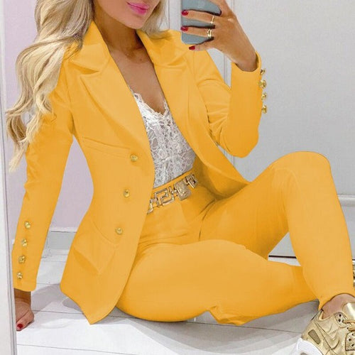 Damen nan tailliertes Doppelreiher-Blazer-Set mit goldknopf-Detail und hochtaillierter Slimhose Echo Archiv