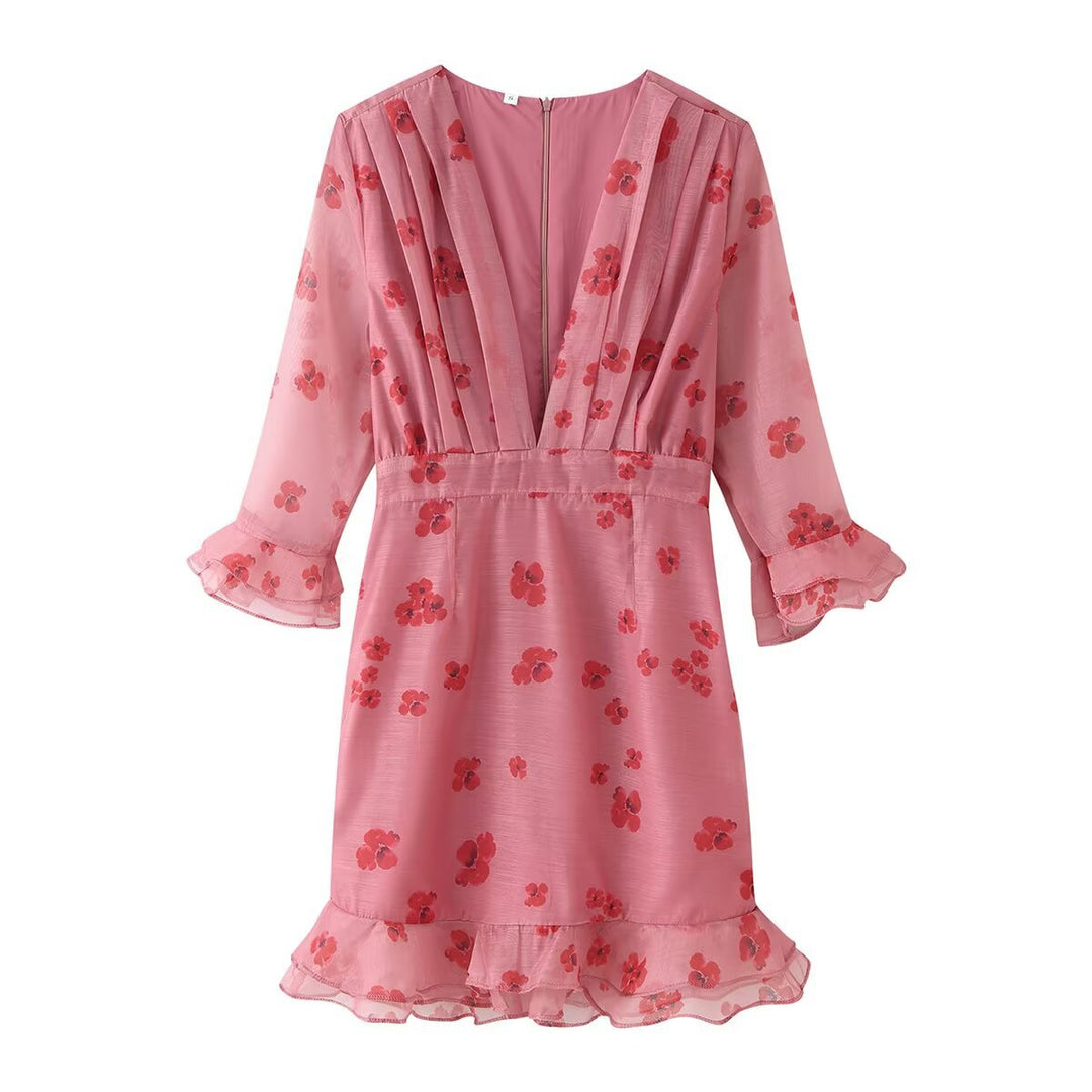 Damen Chiffon-Minikleid mit plissiertem Dekolleté, transparenten Volantärmeln und ausgestelltem Saum Echo Archiv