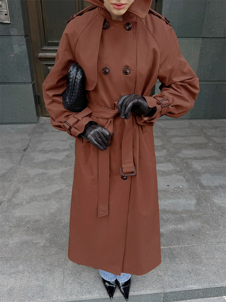 Damen Lang geschnittener wasserabweisender Trenchcoat mit hohem Stehkragen und Taillengürtel Echoarchiv