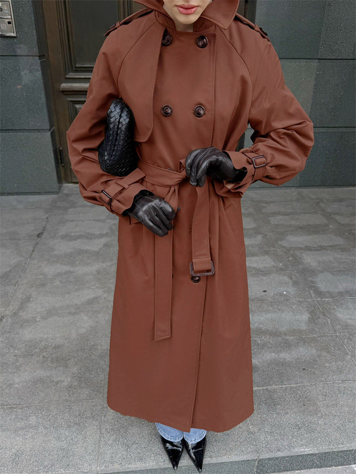 Damen Lang geschnittener wasserabweisender Trenchcoat mit hohem Stehkragen und Taillengürtel Echoarchiv