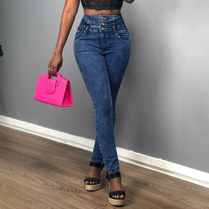 Damen hochtaillierte Skinny-Jeans mit dreifachem Knopfbund und formendem Sitz Echo Archiv