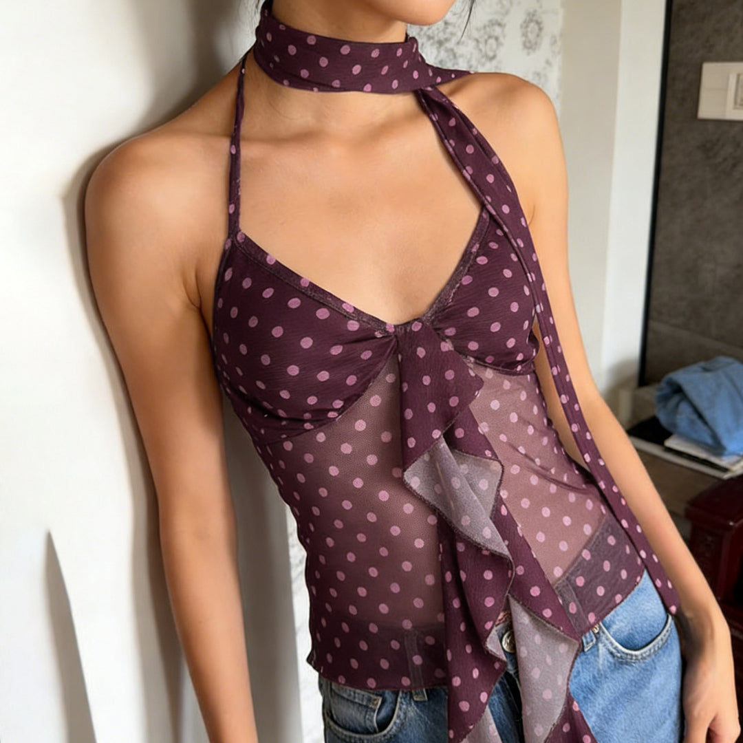 Damen luftiges Haltertop mit verspieltem Punkte-Design und Rüschendetails Echo Archiv