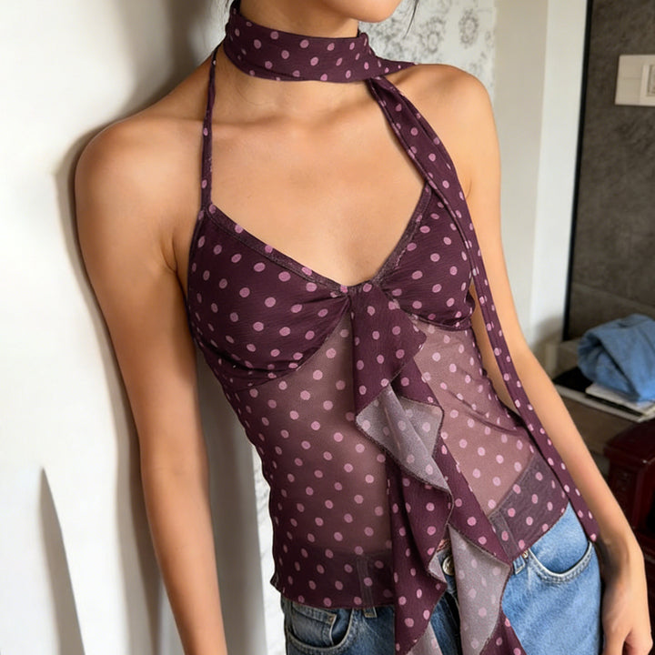 Damen luftiges Haltertop mit verspieltem Punkte-Design und Rüschendetails Echo Archiv