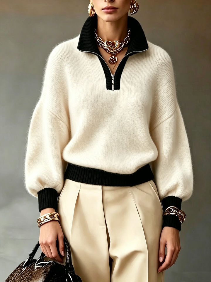 Damen Flauschiger Pullover mit halbem Reißverschluss, Stehkragen und Ballonärmeln – Mavelle
