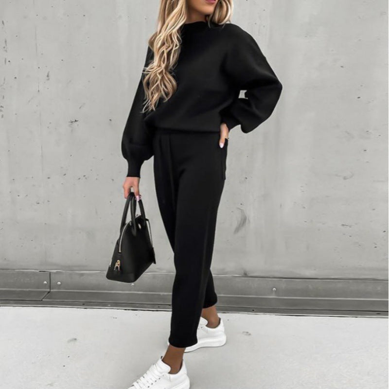 Damen Strick-Loungewear-Set mit Ballonärmeln und taillierter Jogginghose – Mavelle