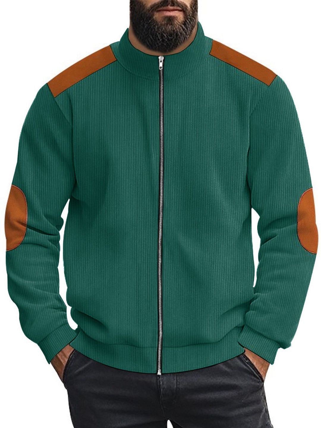 Herren Strickjacke mit modernen Lederakzenten und hoch geschlossenem Kragen Echoarchiv