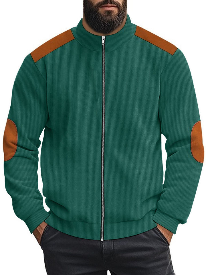 Herren Strickjacke mit modernen Lederakzenten und hoch geschlossenem Kragen Echoarchiv