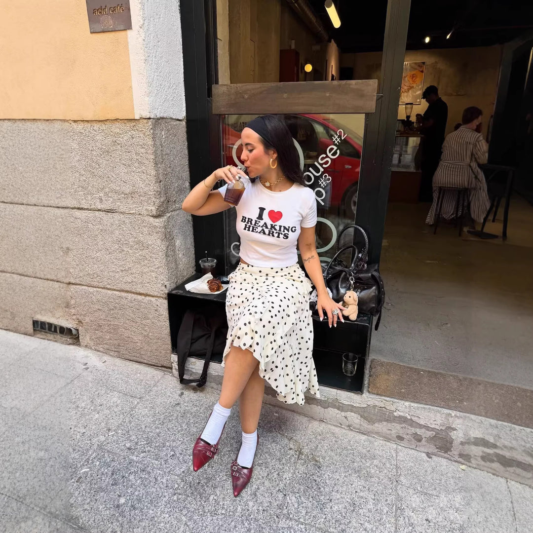 Damen Gepunkteter Chiffon-Volant‑Midirock mit Wickeloptik und asymmetrischem Saum Echoarchiv
