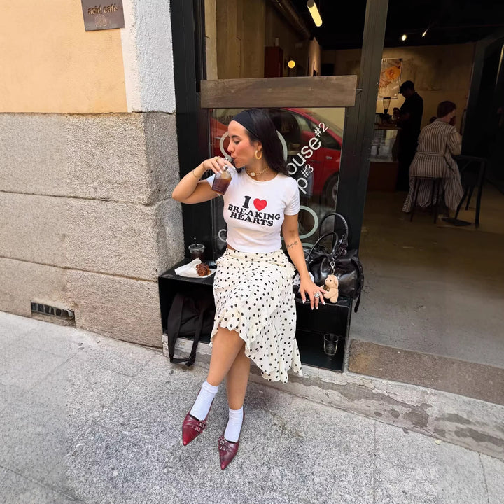Damen Gepunkteter Chiffon-Volant‑Midirock mit Wickeloptik und asymmetrischem Saum Echoarchiv