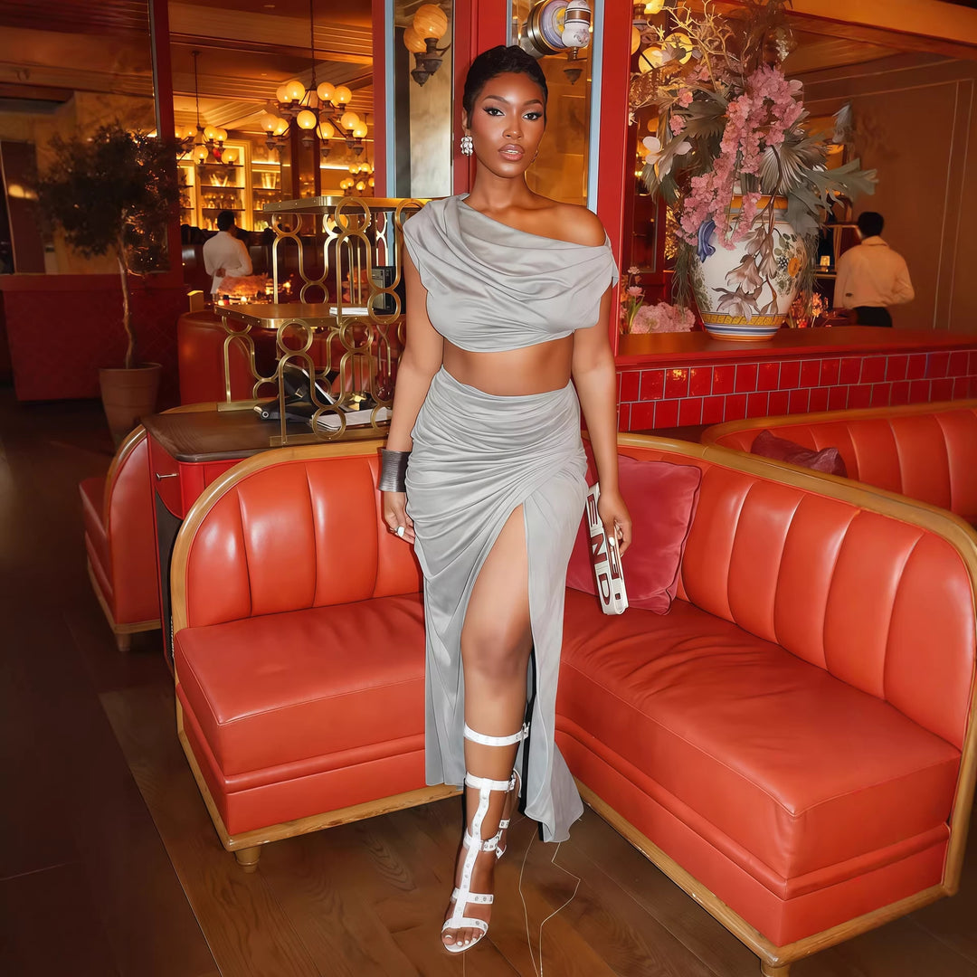 Damen Elegantes Two-Piece Set mit asymmetrischem Oberteil und gerafftem Rock Echo Archiv