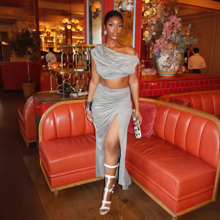 Damen Elegantes Two-Piece Set mit asymmetrischem Oberteil und gerafftem Rock Echo Archiv