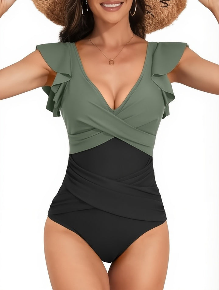 Damen eleganter Badeanzug mit fließenden Rüschen Echo Archiv