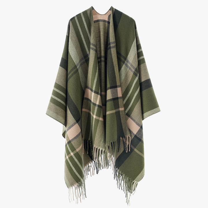Damen Oversize Poncho-Cape mit Karomuster und Fransen Echo Archiv
