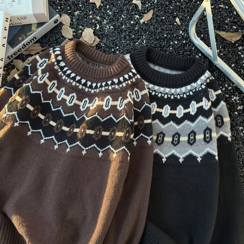 Unisex Oversized Rundhalspullover mit Norweger-Jacquard und gerippten Bündchen Echoarchiv