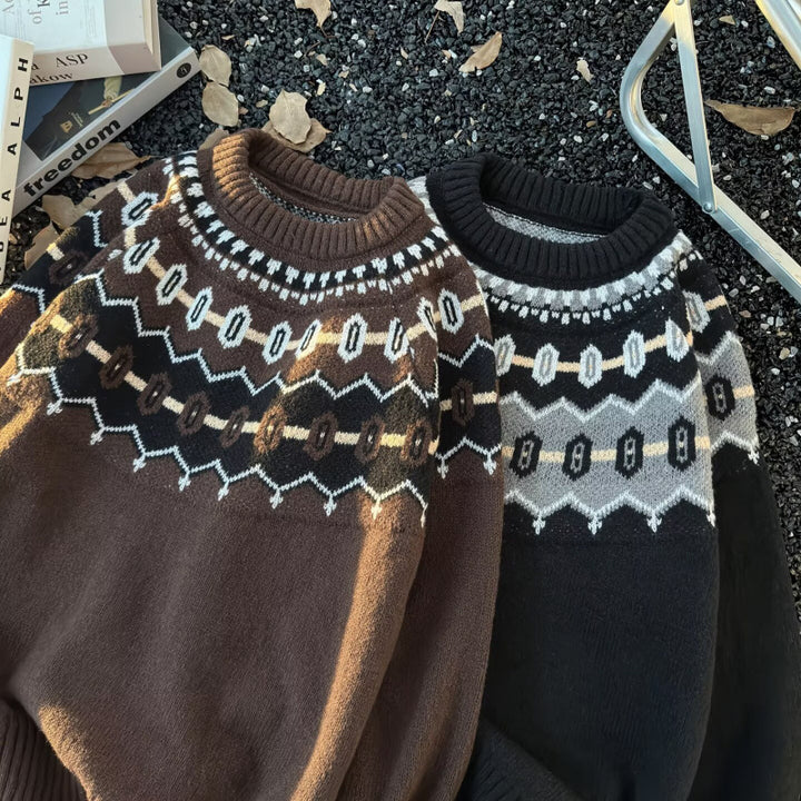 Unisex Oversized Rundhalspullover mit Norweger-Jacquard und gerippten Bündchen Echoarchiv