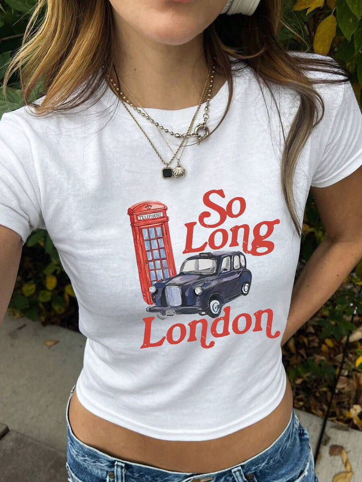 Damen figurbetontes Kurzarm-T-Shirt mit verspieltem Aufdruck Echo Archiv