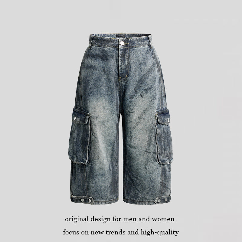 Damen High-Waist Denim-Cargo-Culotte mit weiten Beinen und aufgesetzten Taschen Echoarchiv