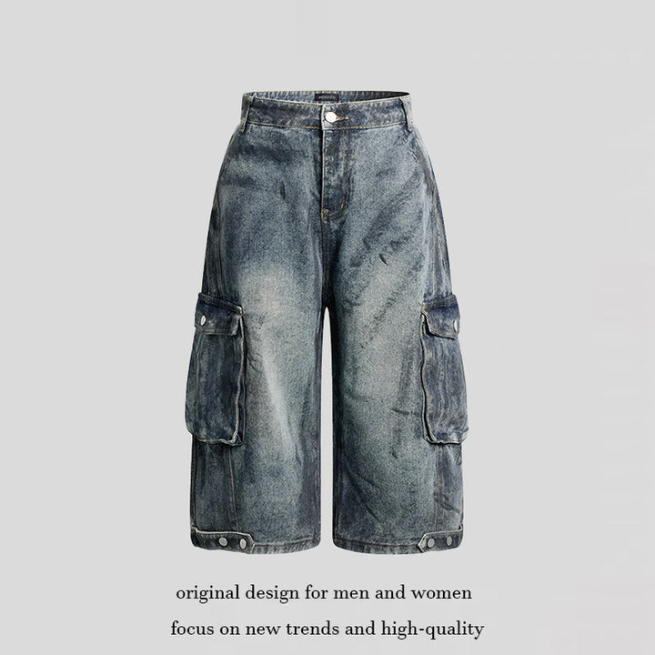 Damen High-Waist Denim-Cargo-Culotte mit weiten Beinen und aufgesetzten Taschen Echoarchiv