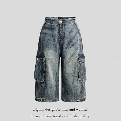 Damen High-Waist Denim-Cargo-Culotte mit weiten Beinen und aufgesetzten Taschen Echoarchiv