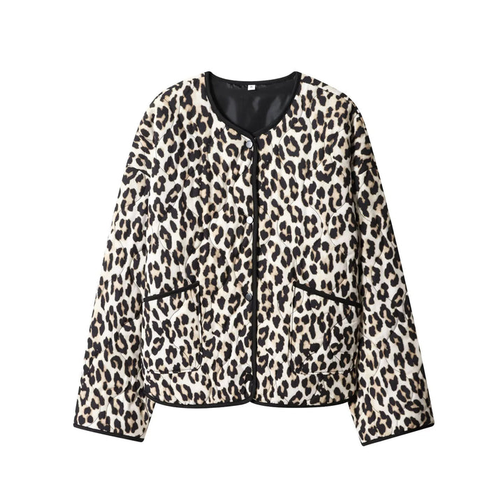 Damen gesteppte Kurzjacke mit animalischem Print, Rundhalsausschnitt und Druckknopfleiste – Célinea