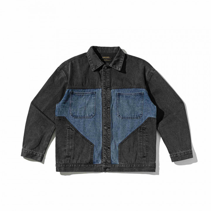 Unisex Zweifarbige Oversize-Denimjacke im Worker‑Look mit aufgesetzten Brusttaschen und geradem Saum Echo Archiv