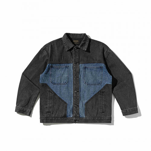 Unisex Zweifarbige Oversize-Denimjacke im Worker‑Look mit aufgesetzten Brusttaschen und geradem Saum Echo Archiv