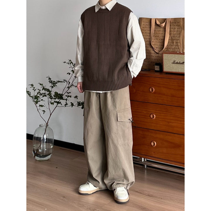 Herren Oversized Ärmellose Strickweste mit geripptem Saum und Rundhalsausschnitt Echoarchiv