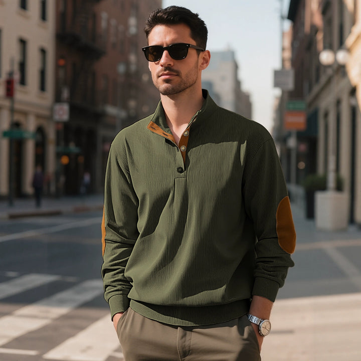Herren nan lässiger Strukturpullover mit Polokragen, kurzer Knopfleiste und veganen Lederbesätzen Echo Archiv