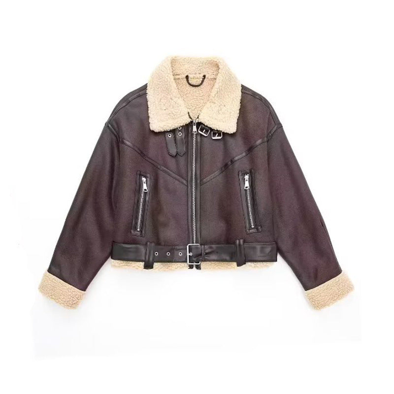Damen Trendige und stilvolle Lederjacke mit Teddyfutter – Velloura