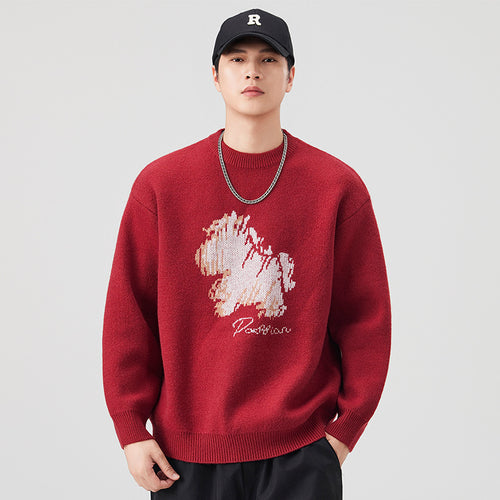 Herren Modischer Grobstrickpullover mit kreativer Tiermotiv-Applikation Echoarchiv
