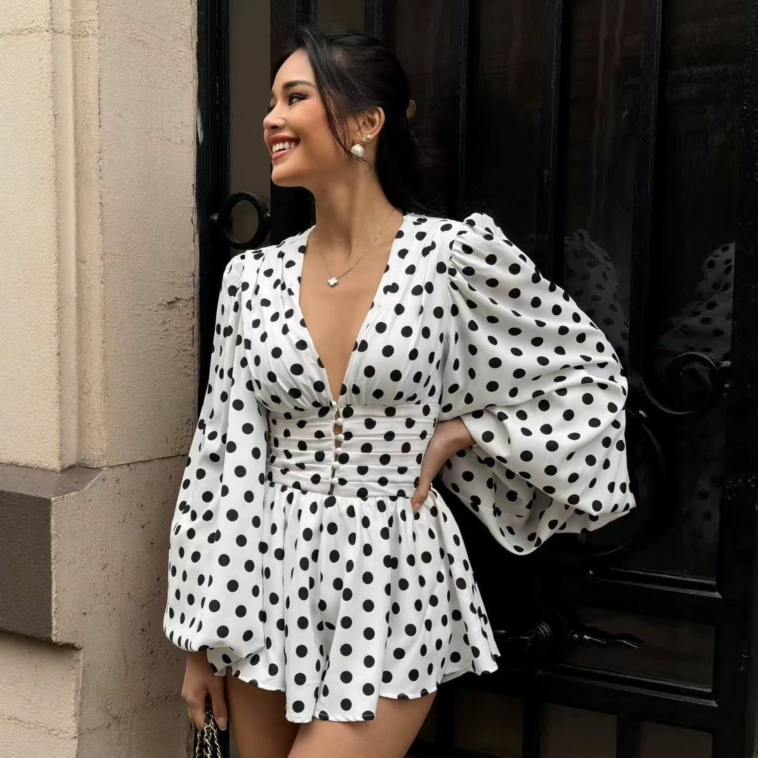 Damen Kurzes Polka‑Dot Kleid mit tiefem V‑Ausschnitt, Ballonärmeln und Knopfleiste Echoarchiv