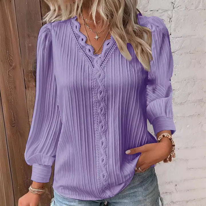 Damen nan romantische V-Ausschnitt Spitzenbluse mit Plissee und Puffärmeln Echo Archiv
