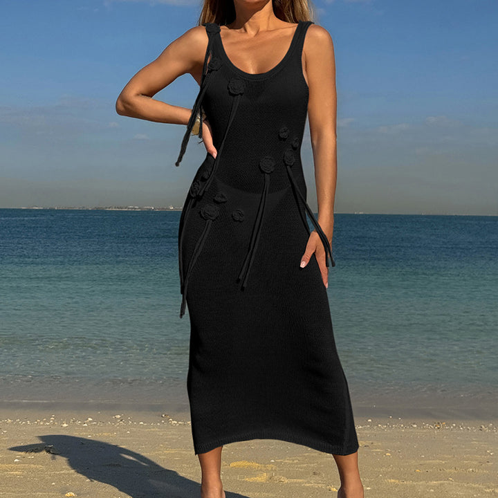 Damen Elegantes Strickkleid mit Blumenapplikationen und seitlichem Bindegürtel Echo Archiv