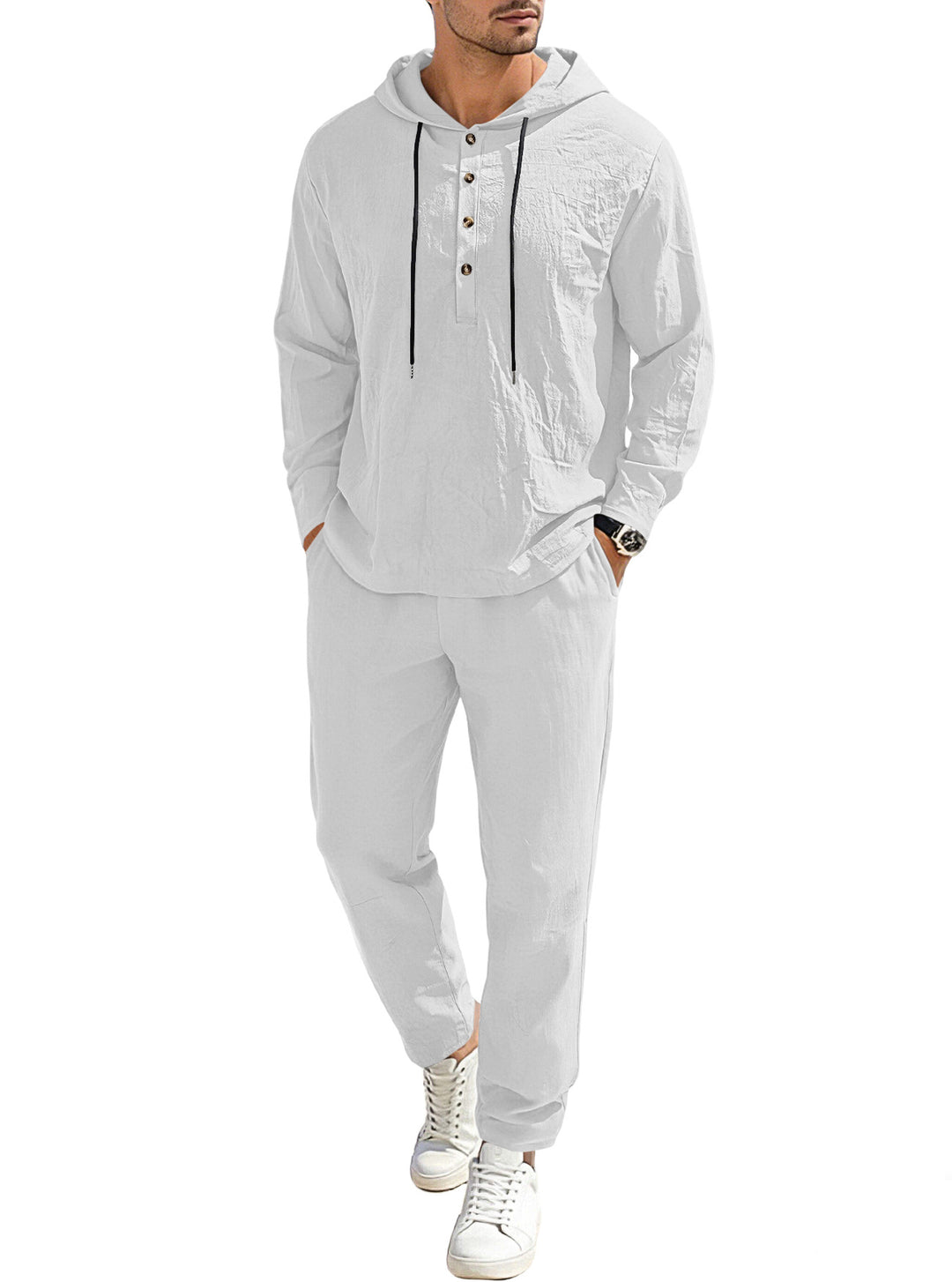 Herren nan entspannter Kapuzen-Henley Freizeitanzug aus leichter Baumwollmischung in Leinenoptik mit Kordelzug und elastischer Bundhose Echo Archiv