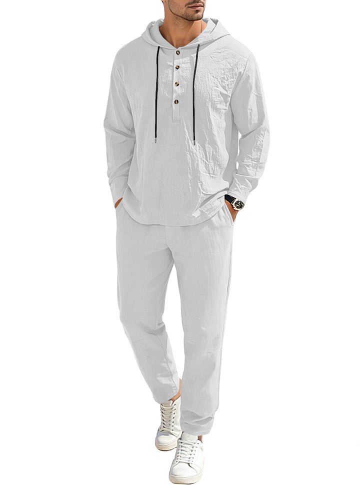 Herren nan entspannter Kapuzen-Henley Freizeitanzug aus leichter Baumwollmischung in Leinenoptik mit Kordelzug und elastischer Bundhose Echo Archiv