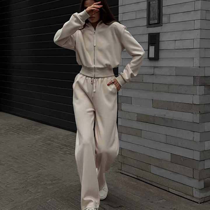 Damen Zweiteiliges Loungewear-Set mit kurzem Zip-Bomber und weiter High-Waist-Palazzohose – Élanora