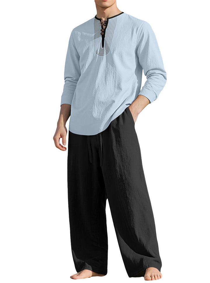 Herren nan Tunika- und Palazzohose-Set mit Henley-Blende, Zierstickerei und weitem Schnitt Echo Archiv