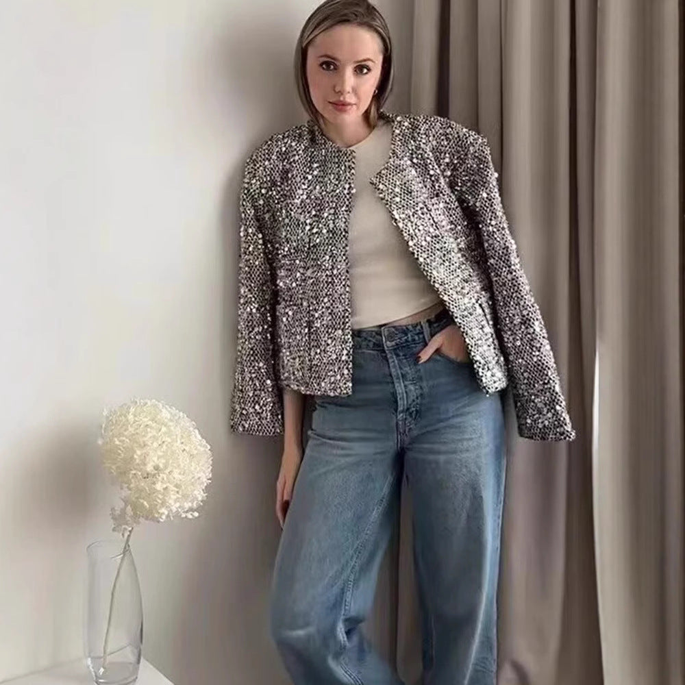 Damen nan strukturierte Boucléjacke mit Stehkragen, aufgesetzten Taschen und elastischem Saum Echo Archiv