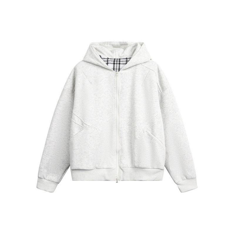 Unisex Kapuzen‑Sweatjacke mit Zweiwege‑Reißverschluss und kariertem Kapuzenfutter Echoarchiv