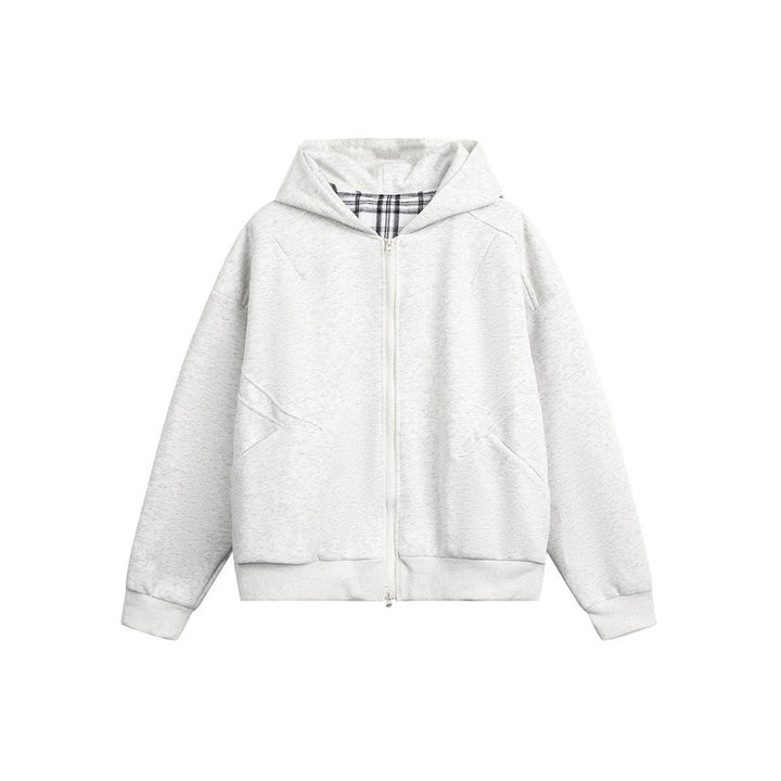 Unisex Kapuzen‑Sweatjacke mit Zweiwege‑Reißverschluss und kariertem Kapuzenfutter Echoarchiv