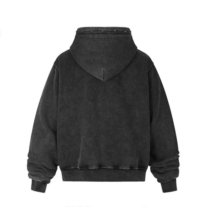 Herren Kapuzen‑Sweatjacke mit Vintage‑Waschung, oversized Cut, Patch‑Print und Nietenbesatz Echoarchiv