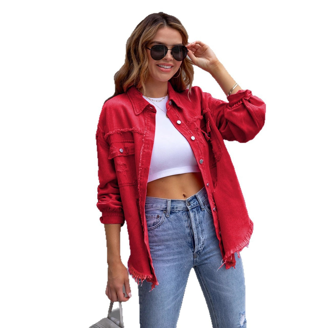 Damen nan oversized Utility-Denim-Hemdjacke mit Fransenbesatz und aufgesetzten Pattentaschen Echo Archiv
