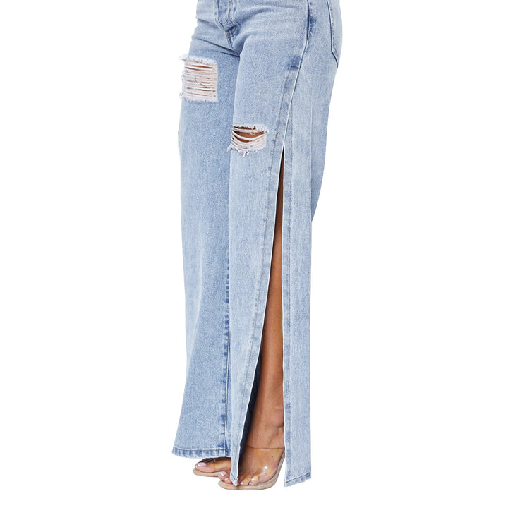 Damen Weite High‑Waist Denim‑Jeans mit hohen Seitenschlitzen und Destroyed‑Details Echo Archiv