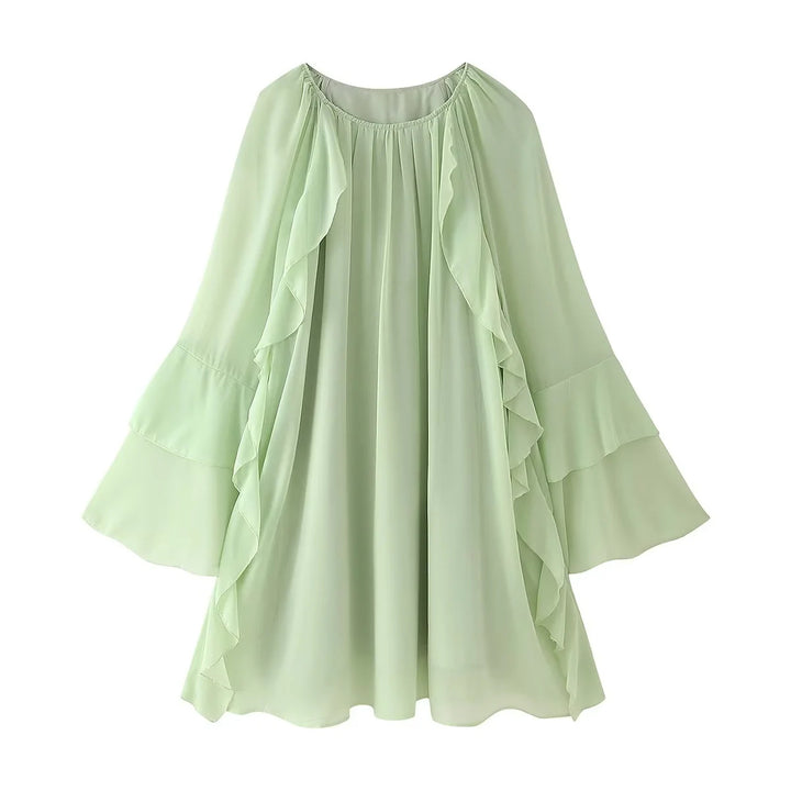 Damen nan fließendes Chiffon‑Midikleid mit Volantbesatz, weitem Glockenärmel und gerafftem Rundhalsausschnitt Echo Archiv