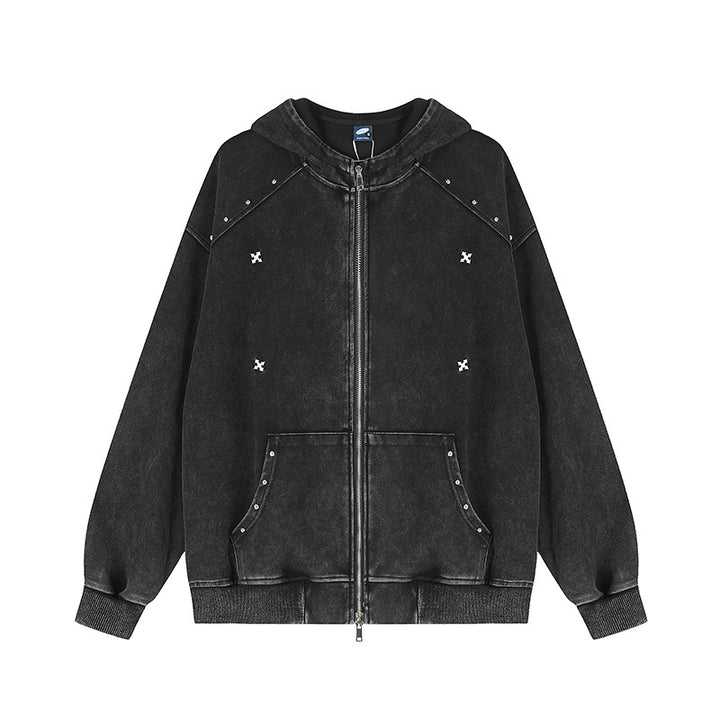 Unisex Oversize-Kapuzen-Zipjacke mit Vintage-Waschung, Metallnieten und Kängurutasche Echoarchiv